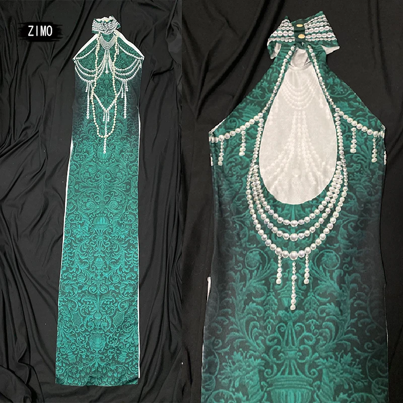 Женское длинное платье без рукавов qipao с жемчужинами и высоким разрезом