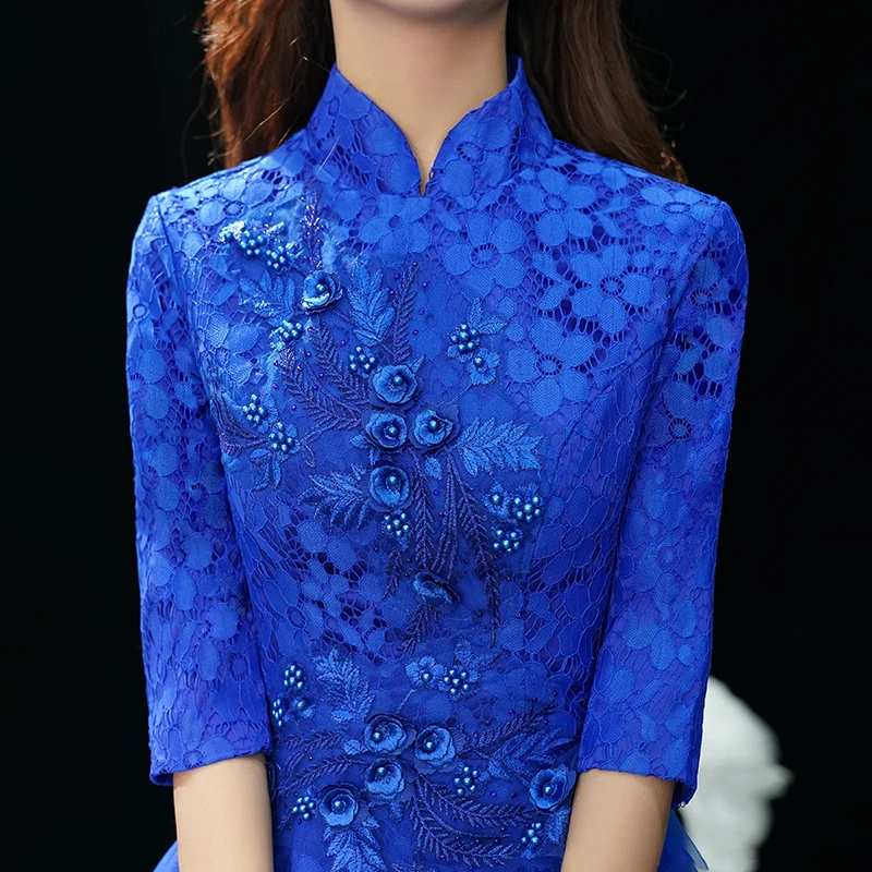 

Vintage High Neck Royal Blue Hihg Low Prom Dresses 2020 Beading Appliques Lace Short Evening Gowns For Graduation Party