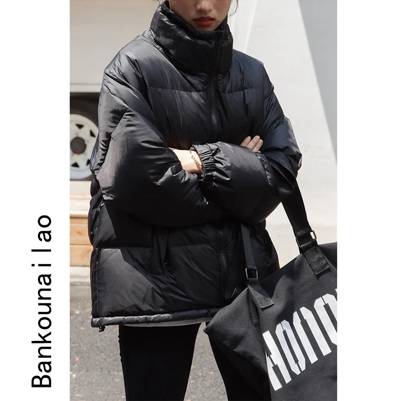 90 White Duck down Jacket Women's Winter New Korean Style Loose Thick Black Stand Collar Bread Coat Cotton Coat Jacket