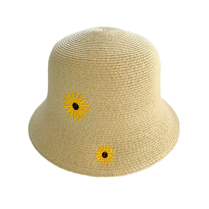 

Small Daisy Embroidery Straw Hat Female Summer Outing Sunscreen Sunshade Fisherman Hat Foldable Foliday Beach Small Basin Hat
