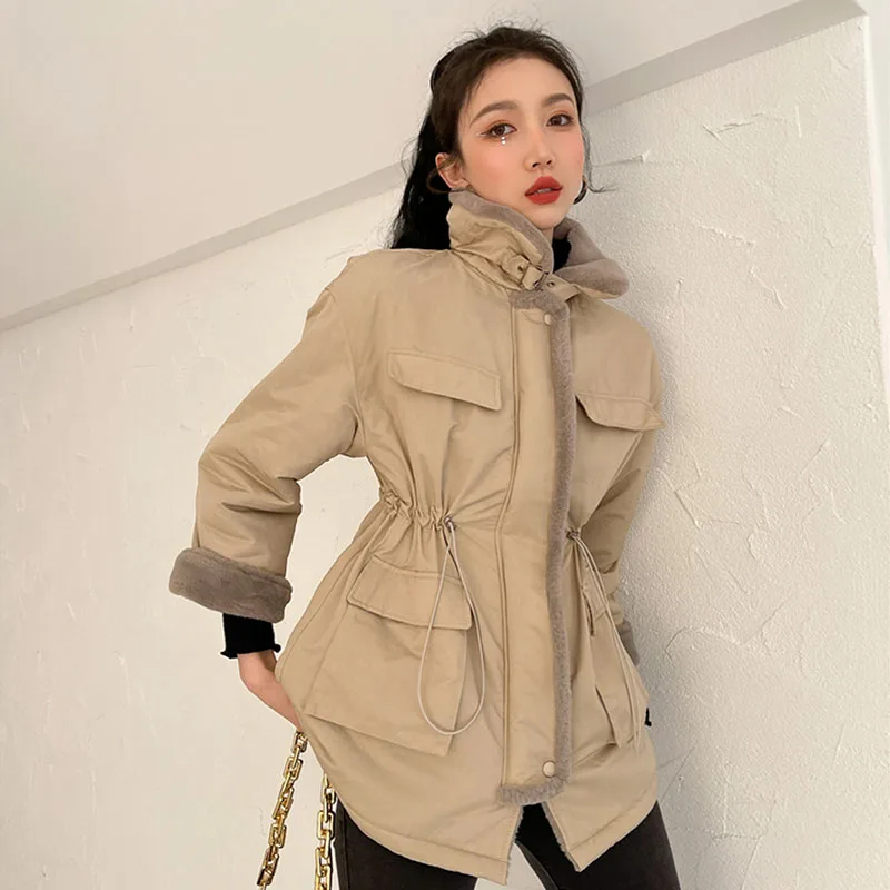 

Faux Rabbit Hair Lining Winter Jacket Women Parkas Thick Quilted Coat Khaki Drawstring Waist Fur Collar Overcoat Autumn 2021 New