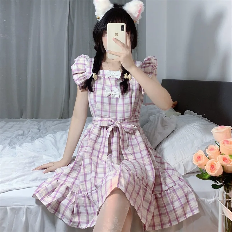 

Japanese Summer New Sweet Girly Soft Girl Dress Kawaii Square Collar Bow Cute Flying Sleeve Plaid Ruffles Mini Princess Dresses