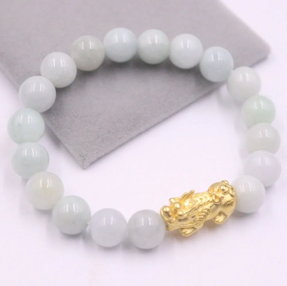 

Pure 24K Yellow Gold 3D Craft Coin Pixiu with 8mm Natural Grade A Jadeite Beads Bracelet