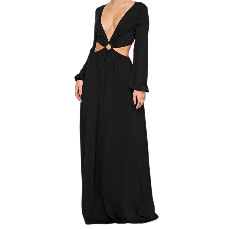 

Sexy Maxi Dresses Party Vacation Outfits Women Dress Solid Color Long Sleeve Hollow Out Party Dress Deep V Ring Long Dresses #N
