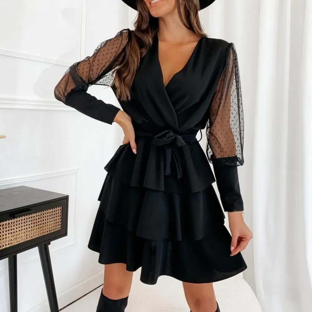 

Elegant Women Dress Fashion Ruffles Cake Hem Sexy Mini Dress Women Solid Color See Through Dress for Party Banquet Wedding