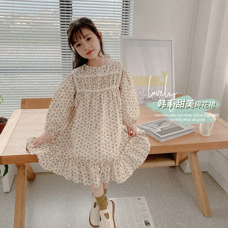 

Детская одежда, Новинка осени 2021, корейский стиль, для девочек, серия Baosen, кружевное комбинированное платье с длинными рукавами и изображени...