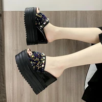 high platform slippers women for summer outdoor beach slippers woman sequined cloth wedge heels thick sole femmes sandales
