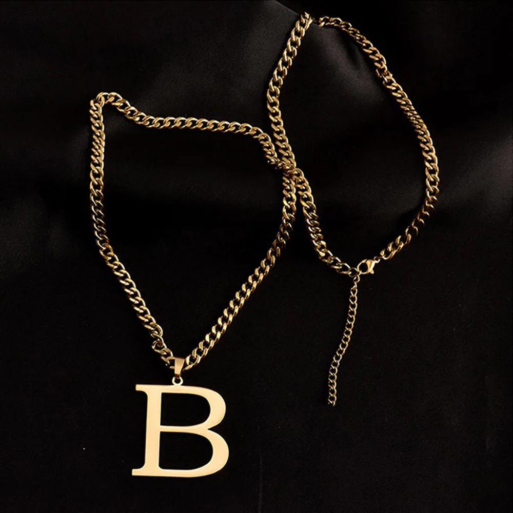 

HUHUI Customized A-Z Initial Necklace Personalized Big Letter Pendant Stainless Steel Cuban Chain HipHop Jewelry For Unisex Gift