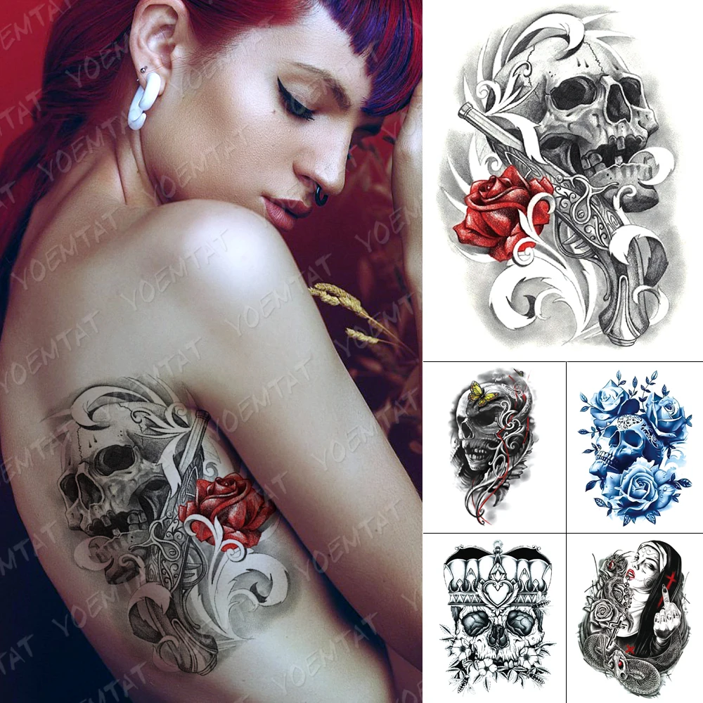 

Waterproof Temporary Tattoo Sticker Rose Skull Gun Flash Tattoos Butterfly Crown Nun Sister Body Art Arm Fake Tatoo Women Men