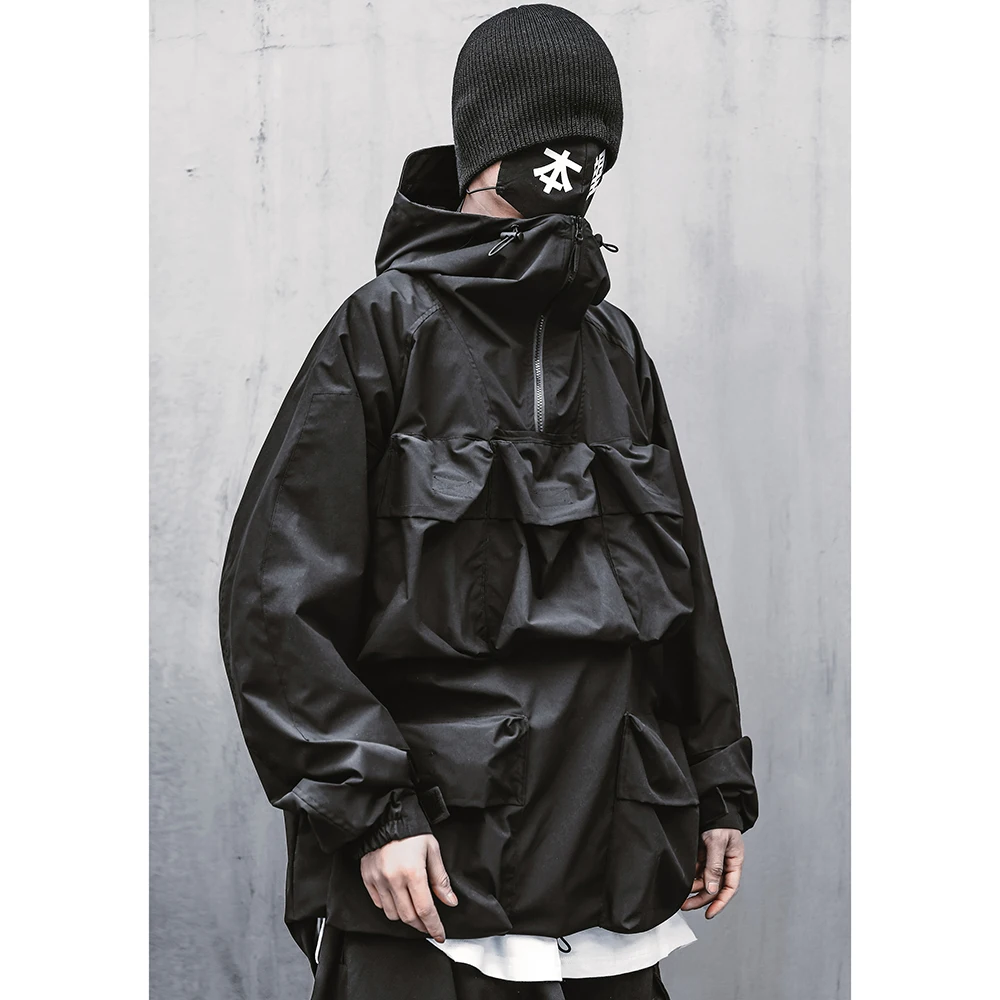 Мужская ветровка Techwear Анорак Японская уличная одежда карманов Черная куртка с