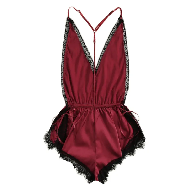 

Women Sexy Pajamas Summer Sling One-piece Lingerie Translucent Ice Silk Lace Stitching Home Clothing