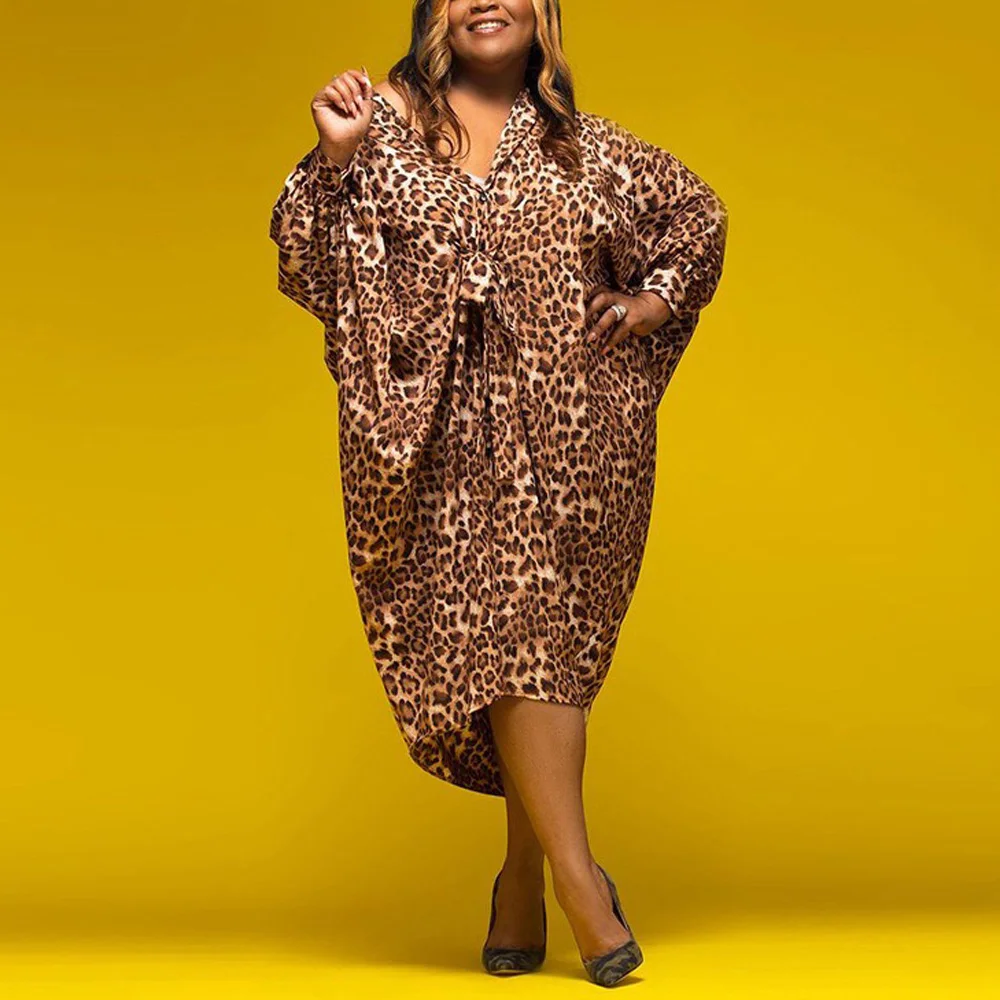 

Leopard Dresses For Black Women Batwing Sleeve V Neck Loose Mid Calf Sexy African Ladies Evening Party Night Vestidos Dress New