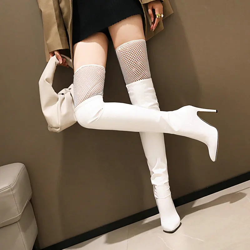 

Fanyuan Women Patent Leather Over The Knee Boots Sexy Thin High Fishnet Sock Boots Pointed Toe Autumn Winter Boots Size 33-49