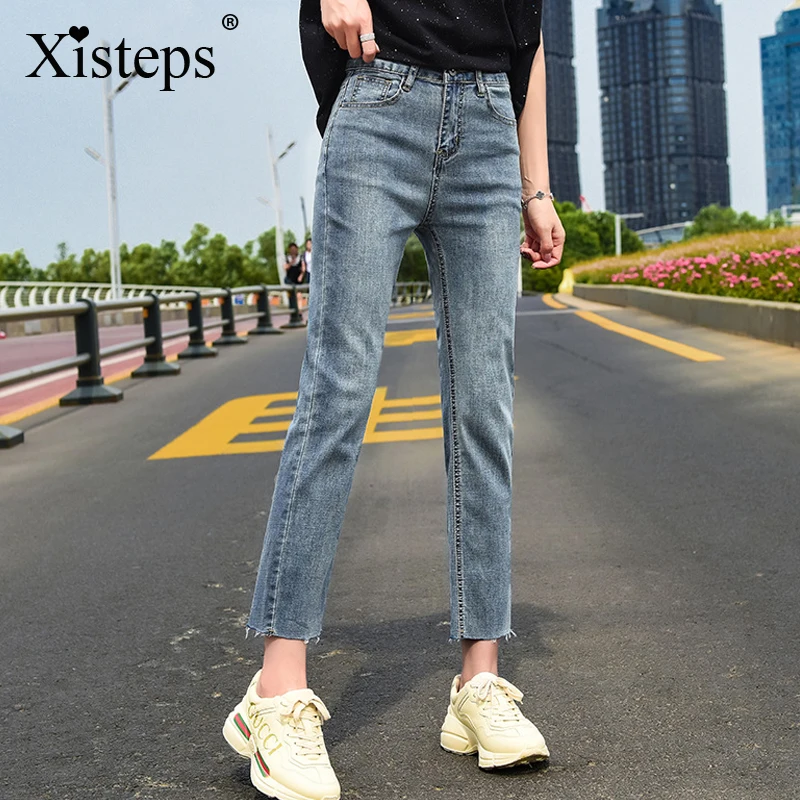 

Женские эластичные джинсы Xisteps 2020 с высокой талией, серые, синие шикарные расклешенные джинсы, джинсовые брюки до щиколотки с карманами, пов...