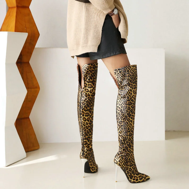 

Women Sexy Over The Knee Thigh High Boots Female Fashion Pointed Toe High Heel Long Botas Lady Back Zipper Leopard Leather Shoes