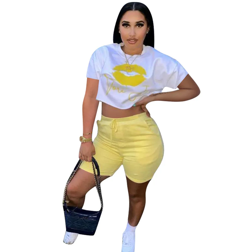 

Women Set Lip Print Short Sleeve Loose Crop Tops Drawstring Waist Elastic Shorts Pockets 2 Piece Set Tracksuit Outfits