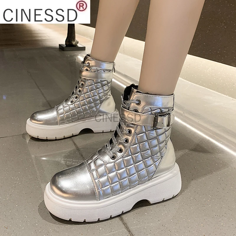 

CINESSD Thick Platform Ankle Boots for Women 2022 Back Zip Plush Warm Winter Shoes Ladies Fashion Black Silver Botas Mujer