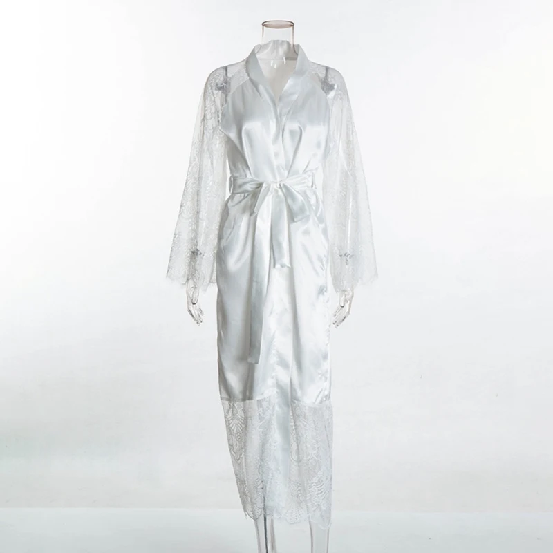 

Sexy Lace Embroidery Perspective Robe Women Ice Silk Long Sleeve Long Robes Female Cozy Sleep Tops Soft Femme Szata Zestawy