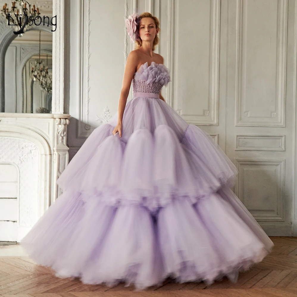 

Gorgeous Lavender Tulle Prom Dresses 2021 Couture Ruffled Fluffy Long Evening Dress Strapless Formal Gowns robes de soirée