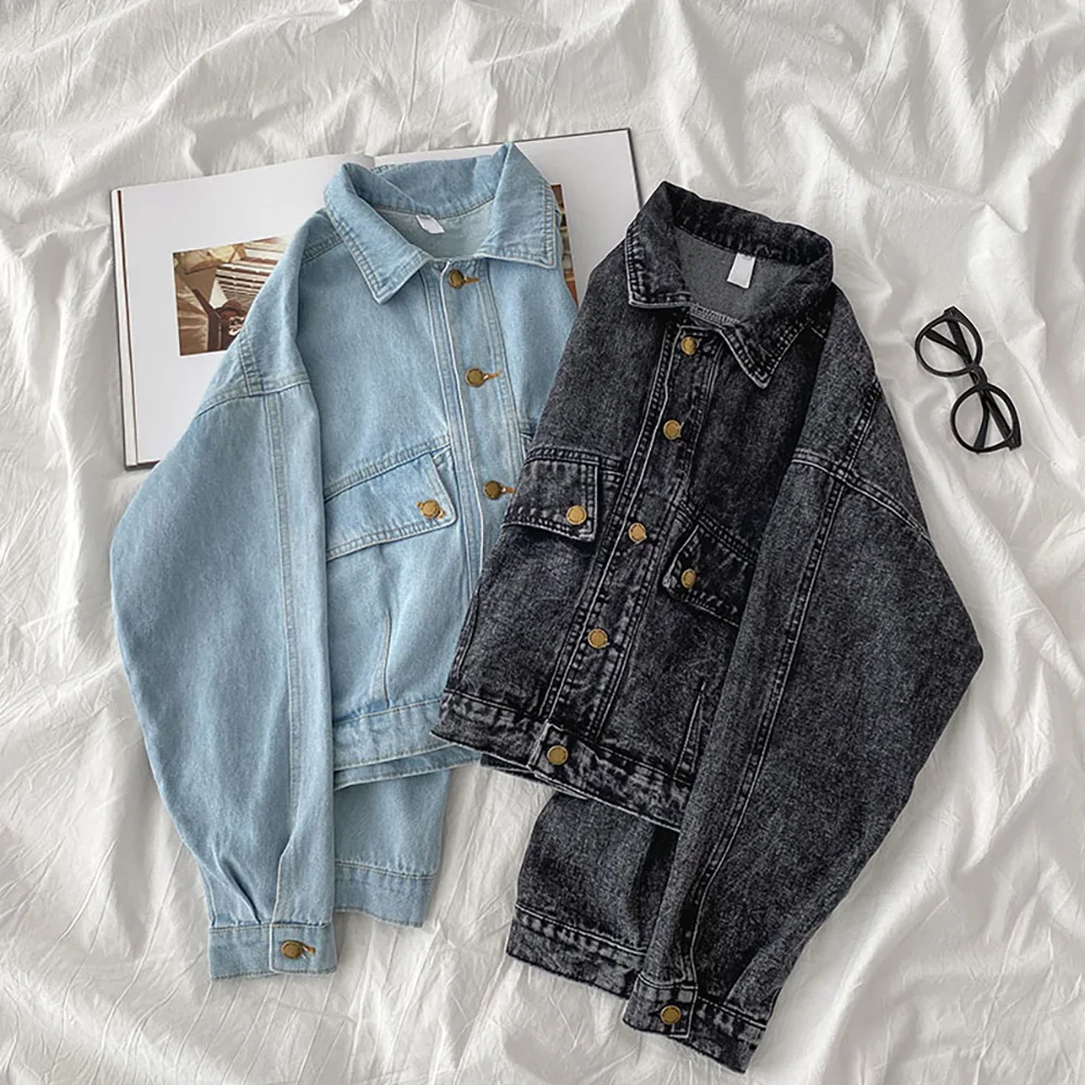 

Fashion Short Denim Jacket for Women 2022 New Spring Autumn Female Casual Loose Long Sleeve Jean Coat Girls Outerwear Streetwear