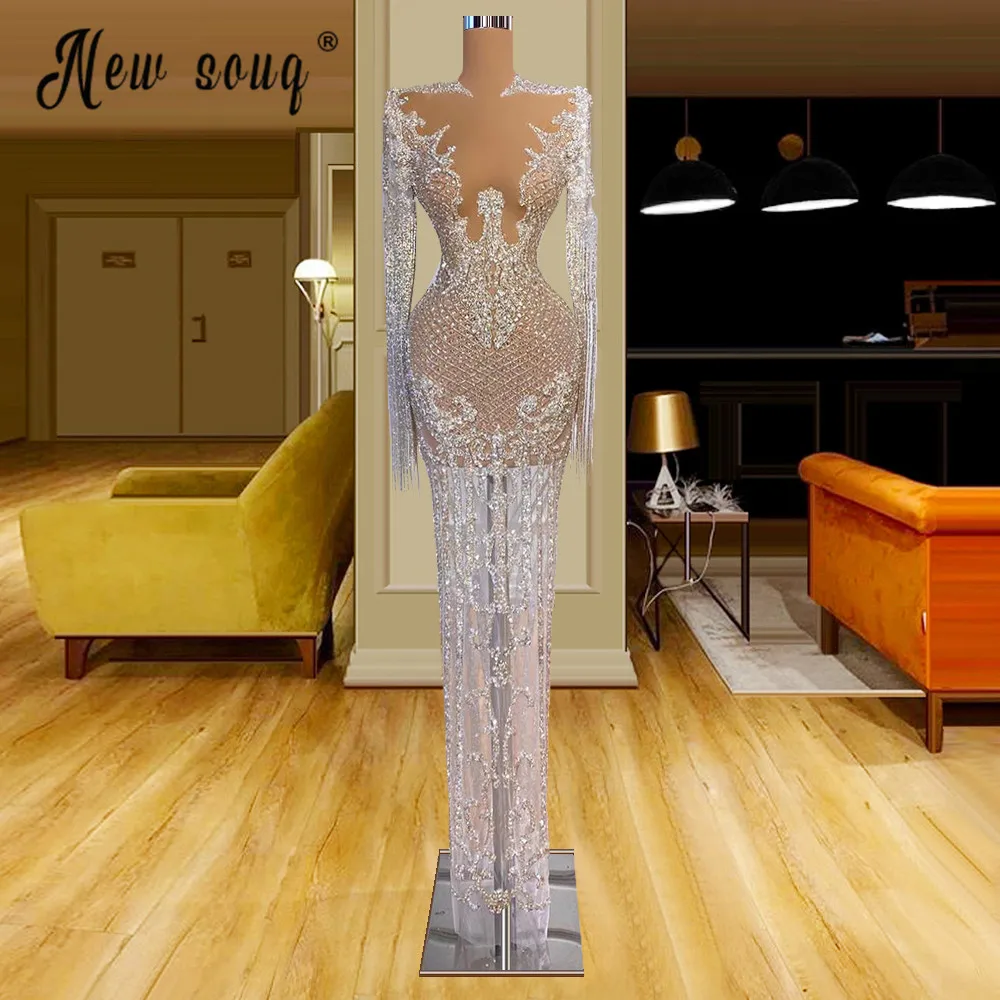 

Sexy Illusion Beaded Crystals Mermaid Evening Dress 2021 Dubai Arabic Long Formal Party Prom Gowns Women Robe de Soiree