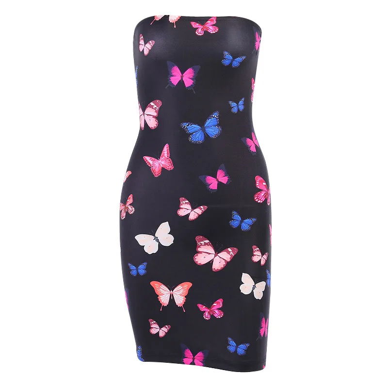 

Sexy Off Shoulder Tube Dress Summer Women Black Butterfly Printed Bodycon Strapless Slim Club&Party Fashion Dress Female