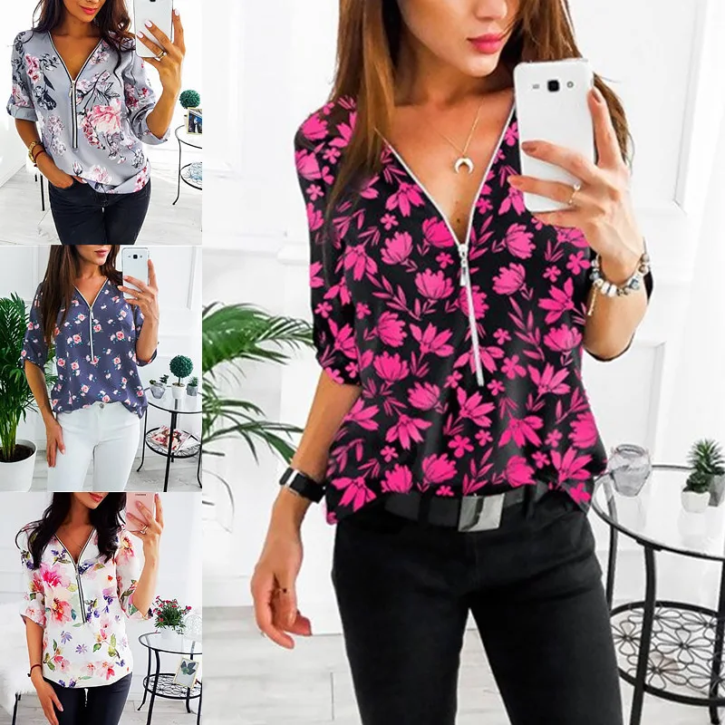 Новинка модная женская блуза с v-образным вырезом на молнии принтом рубашки для