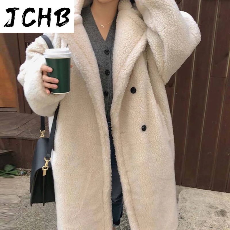 

SHZQJCHB Winter 2021 Women Solid Lamb Fur Coat Long Sleeve Casual Fleece Jacket Turn Down Collar Long Teddy Coat Outerwear