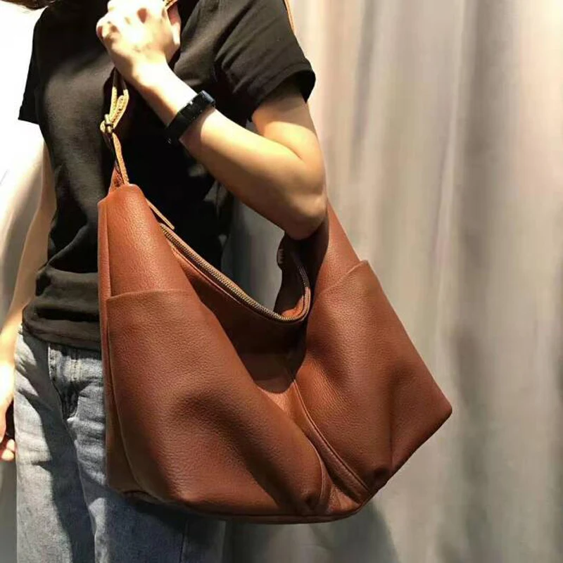 NIUBOA Genuine Leather Shoulder Bags 100% Natural Cowhide Tote Women Bag Purse Big Casual Satchel Top Quality Multi Pockets Bags