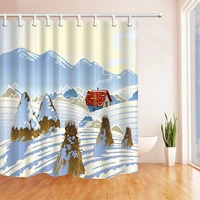 landscape shower curtain winter snow cream yellow sky blue white mountain forest red house smoke wheat straw bathroom curtains