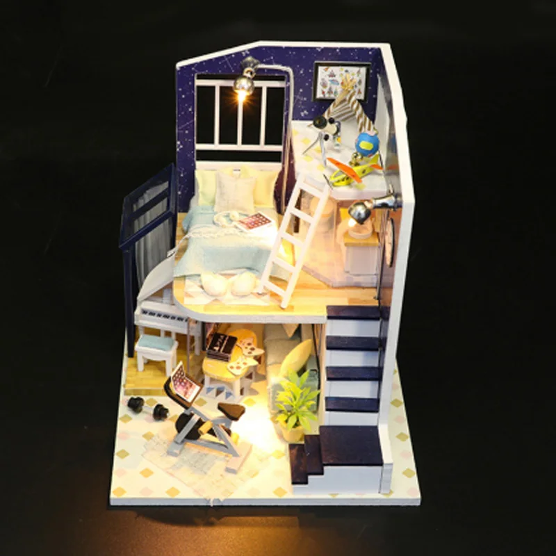 Doll House Loft Miniature Assemble Toys 3D Handmade Wooden Mini Dollhouse Toy with Furniture Led Lights for Kids Birthday Gift |