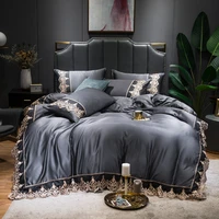 best european style solid color silk bed sheetsilk bedding set silk embroidery lace edge bed sheet all inclusive four piece set