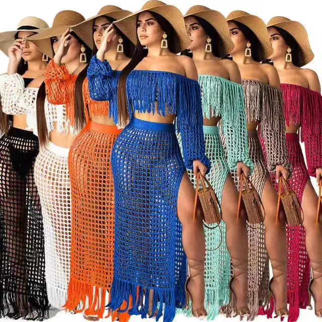 

Ladies casual two-piece summer new style hollow sexy fashion mesh tassel perspective skirt suit women
