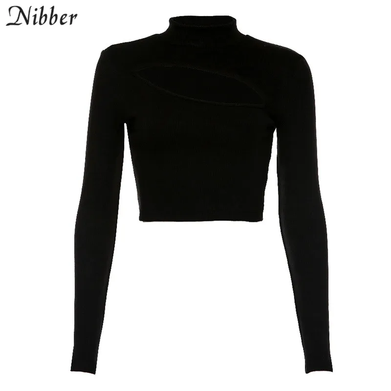 Nibber, осенняя мода, полый чистый вязаный короткий топ, Женские базовые футболки с длинным рукавом,, элегантные тонкие топы, женские футболки для отдыха - Цвет: Черный