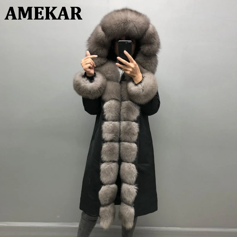 Женская зимняя парка с лисьим мехом длинное пальто воротником из натурального