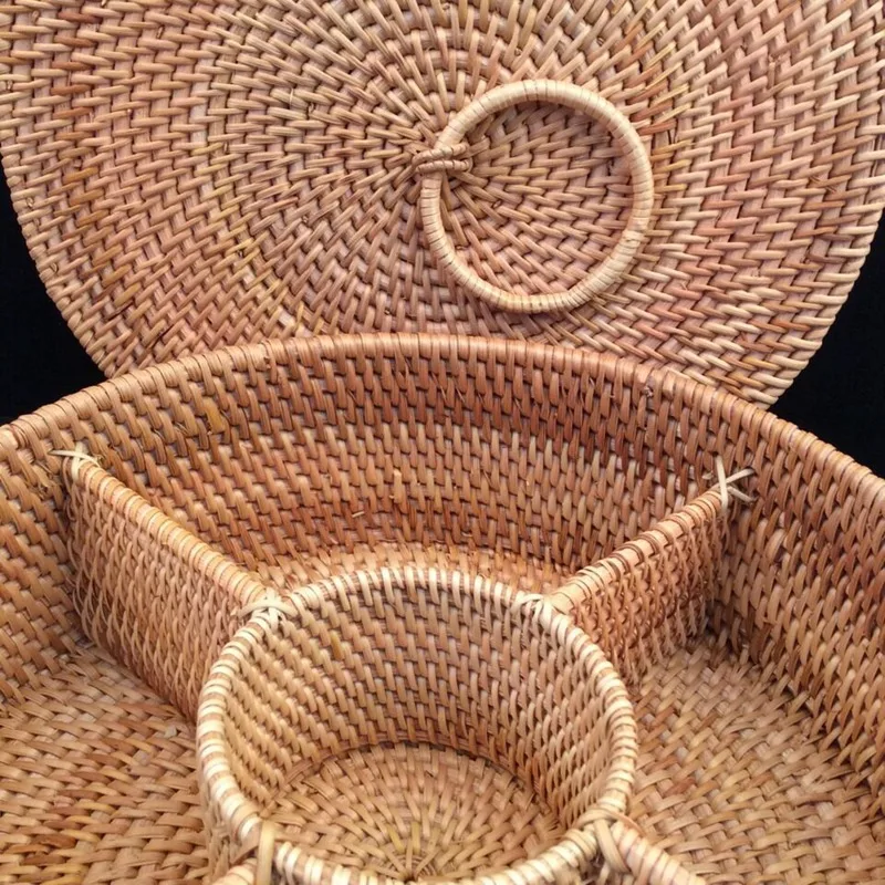 

2 Pcs Fruit Box Basket Woven Rattan Basket Living Room Bedroom Desktop Storage Basket Light Brown & Wood Color