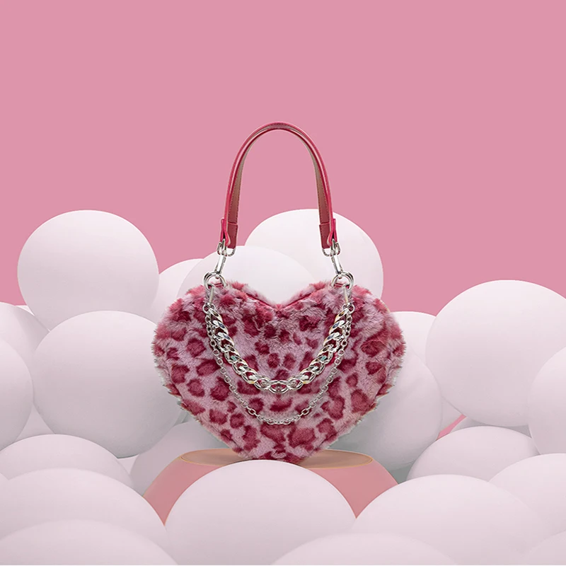 

Autumn Winter Cute Heart Leopard Shoudler Bags Plush Female Small Handbags For Girls Women Chain Ladies Crossbody Bags 2021