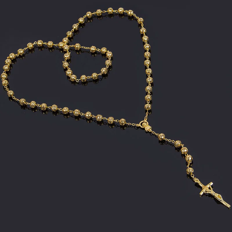 

Catholic stainless steel rosary 8mm imitation gold rosary necklace. Rose pattern long chain prayer, blessing a necklace