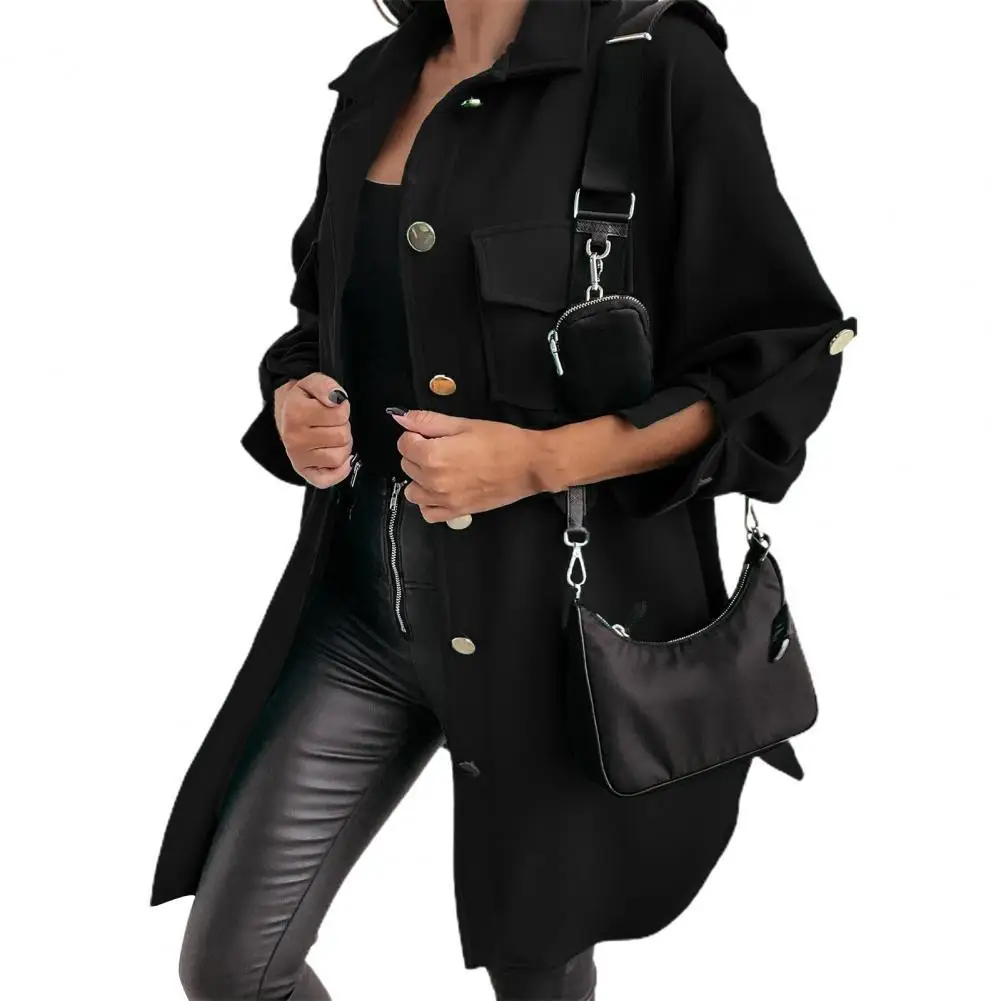 

Roll-Up Long Sleeve Solid Color Shirt Coat Women Turn-down Collar Flap Pockets Single-Breasted Women Jacket Casual Outerwear