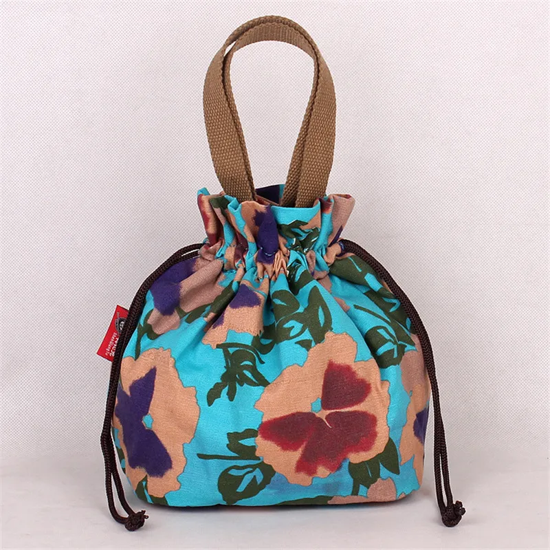 

Ethnic Style Canvas Handbag Drawstring Bags Print Bunch Of Pocket Reusable Lunch Tote Shopping Bag