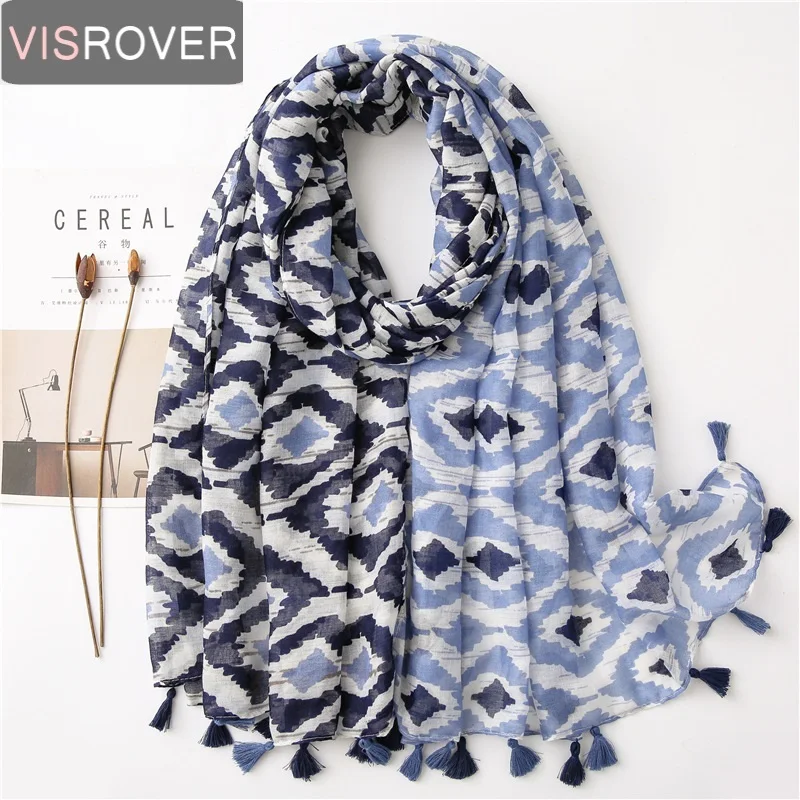 

Visrover 2020 New Blue Rectangle Print Beach Scarf Luxury Brand Viscose Big Scarf Hijab Geometric Shawl Women Scarfs Spring Wrap