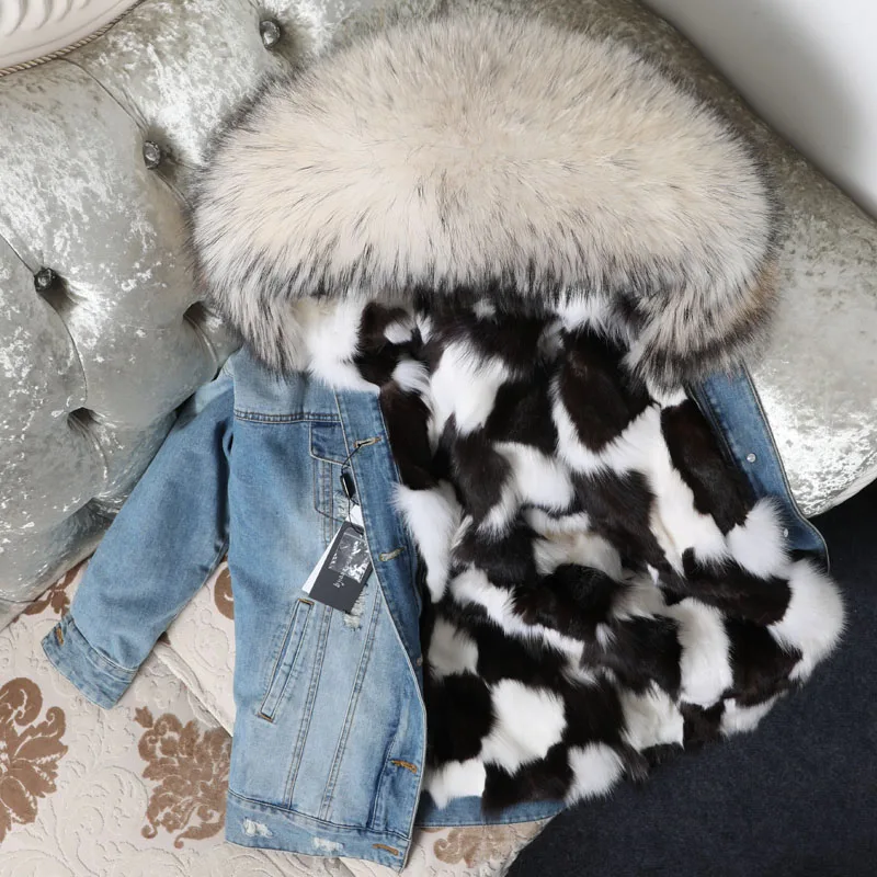 2020 Новое джинсовое пальто средней длины с подкладкой из лисьего меха воротником
