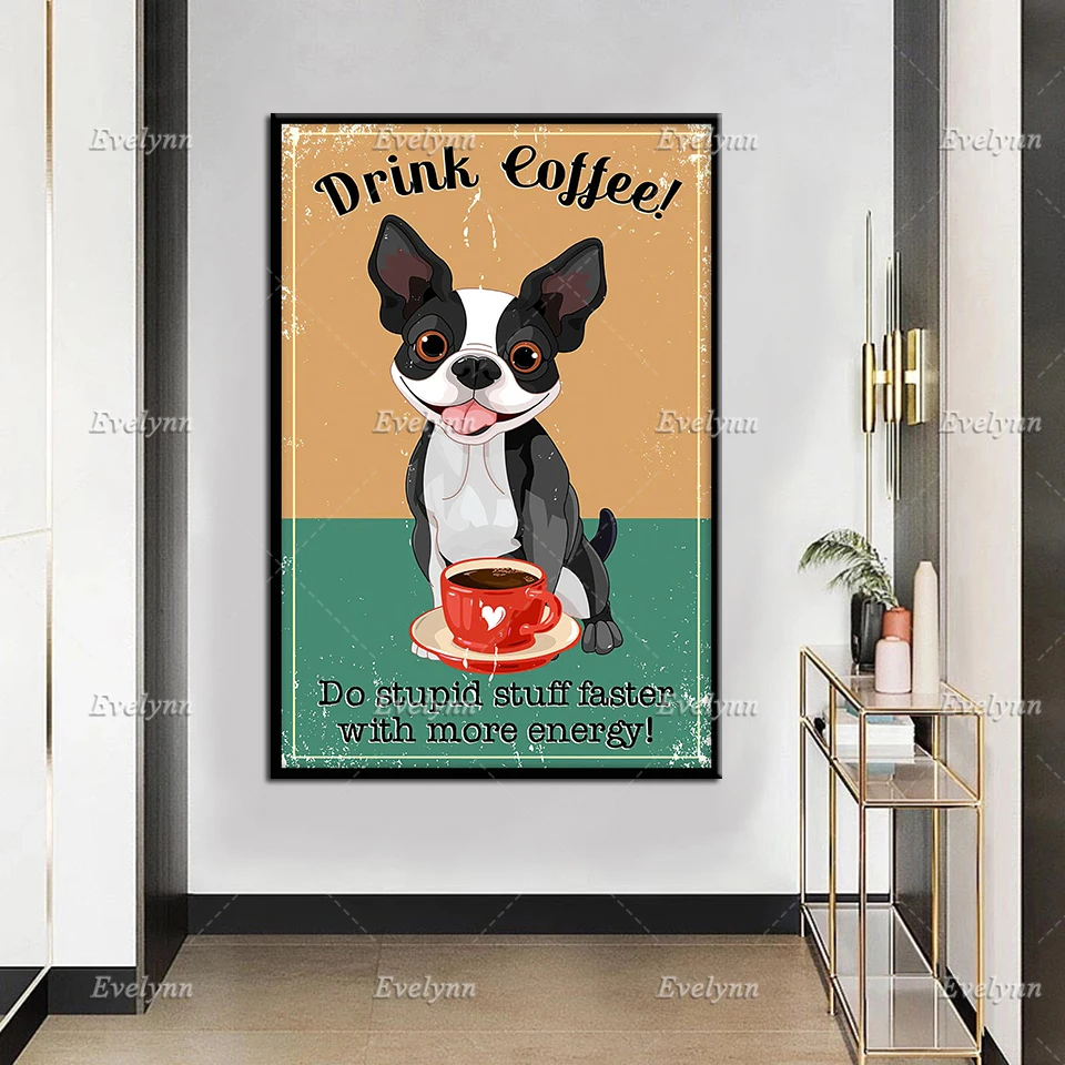 Забавный Ретро-постер с изображением французского бульдога собаки напитка кофе