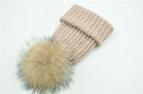 Pink natural fur Вязаная Шерстяная Шапка из натурального меха енота, шапка с помпоном для женщин и девочек, новинка, осенняя, весенняя, зимняя женская меховая шапка - Цвет: Pink natural fur