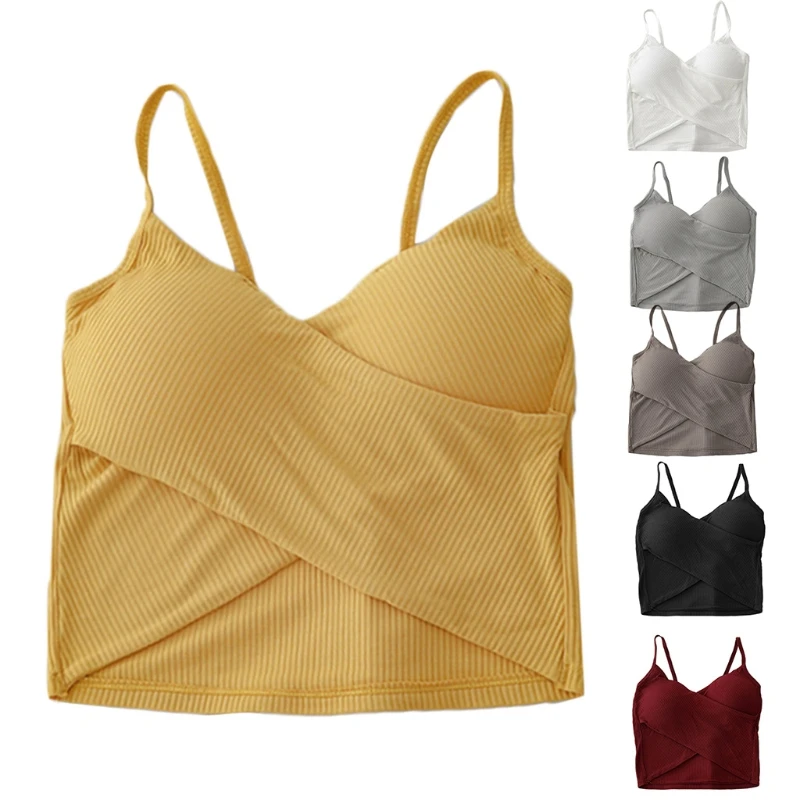 

Women Summer Sexy Criss-Cross Wrap Front Camisole Deep V-Neck Ribbed Spaghetti Strap Crop Top Solid Color Push Up Padded M6CD