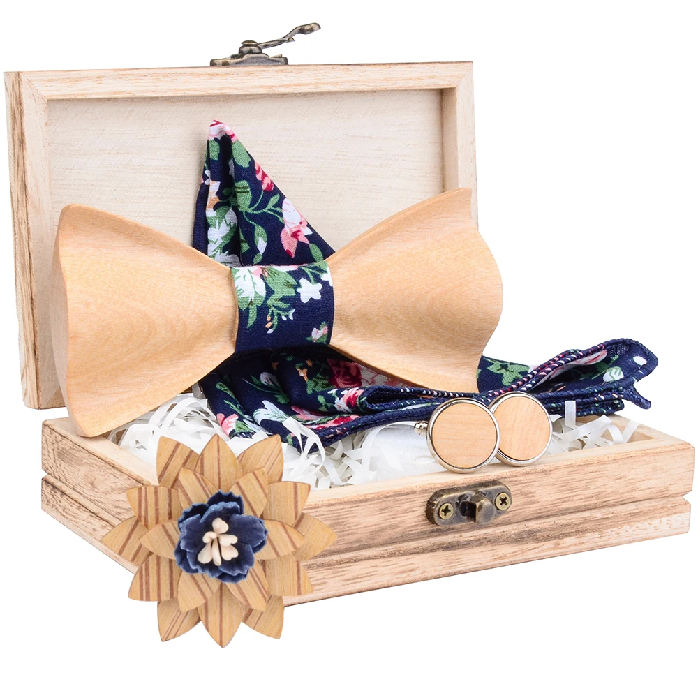

New 3D Wood Bowtie Handkerchief Cufflinks Brooch Sets Cotton Hanky Marry Groom Wooden Bow Tie Handmade Bowknot For Men Neck Ties