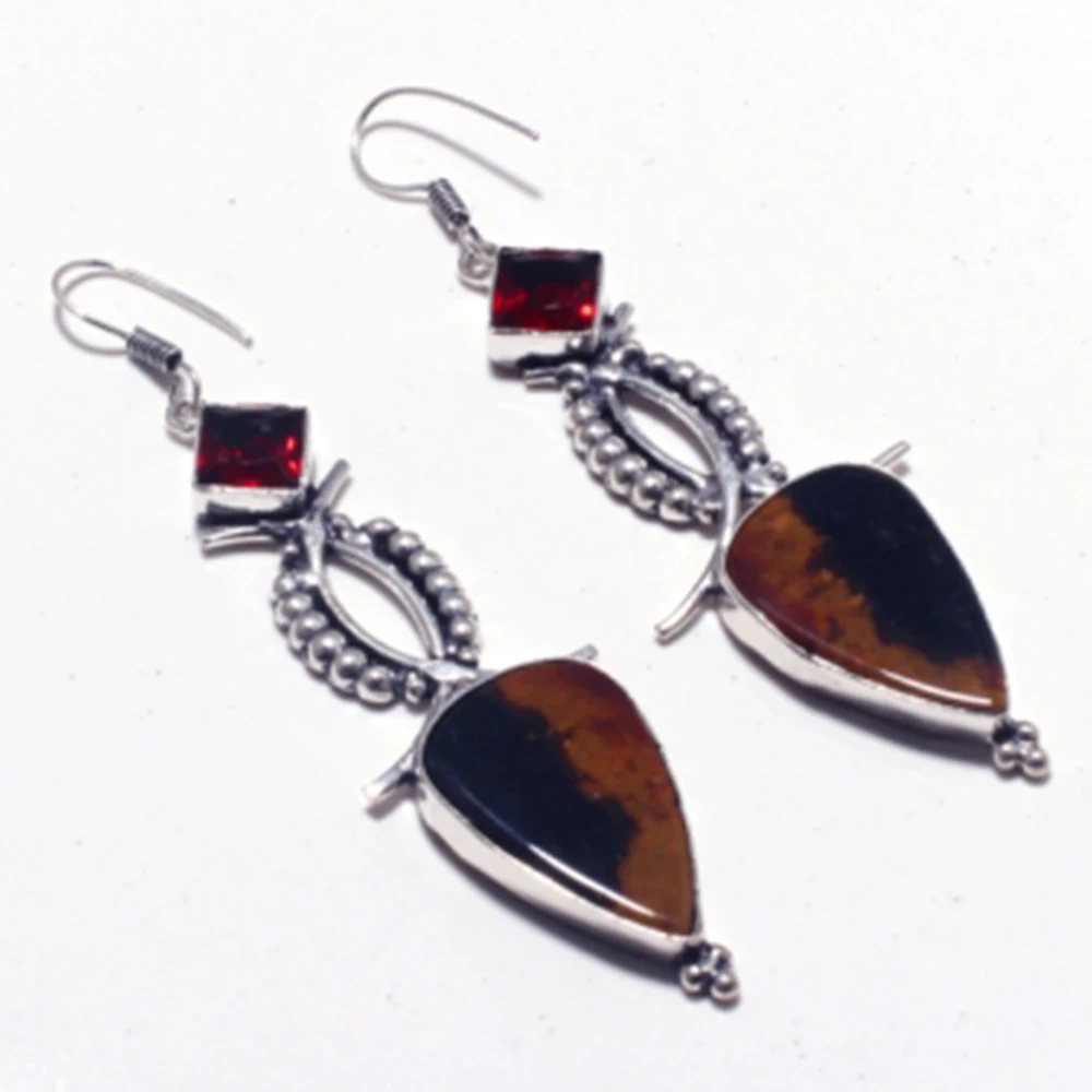 Серьги из меди с серебристым напылением яшма + гранат Женские Ювелирные изделия