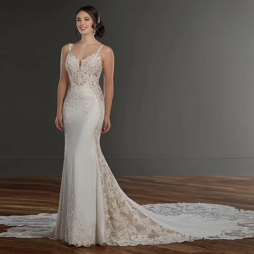 

2021 Luxury Mermaid Wedding Dresses V Neck Lace Applique Button Back Court Train Beads Spaghetti Straps