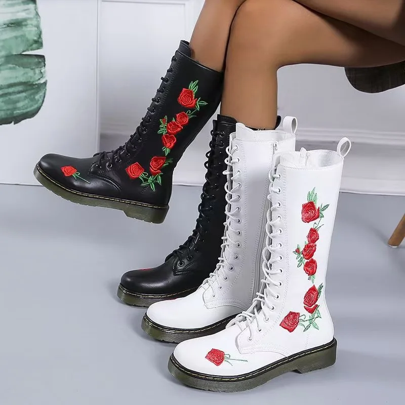 Martin Boots Women 2021 New Autumn and Winter Chinese Style Embroidered Middle Tube Martin Boots Lace-up Women's Boots 2018 autumn and winter new style women s short boots leather flat straps with martin boots knight women boots