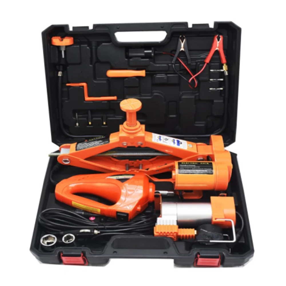 

12V 3 in 1 Car Electric Jack Lifting Set Built-in Flash LED Light with Impact Wrench & Air pump Car Jacks Orange Color QZ014